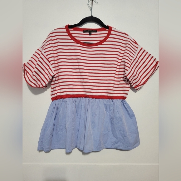 Max Sport Mixed Media Striped Top in Blue  Red Size Small - Picture 1 of 8